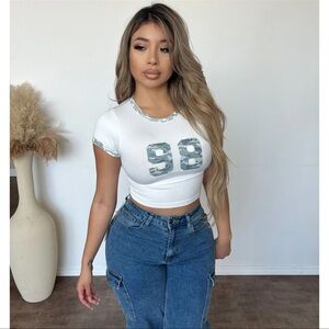 OOTDFash White and Gray Number Print Crop Top